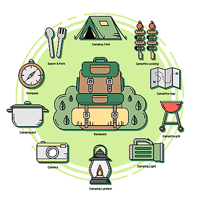 포크 지도 일러스트 텐트 캠핑도구 사람없음 연두색 카메라 숟가락 캠핑 손전등 랜턴 꼬치 냄비 나침반 백팩 바베큐그릴 국내일러스트 AI파일 식기 가방 레저 조명 수저 초록색 전자제품 도구 그릴 솥 바비큐 파일형식 벡터
