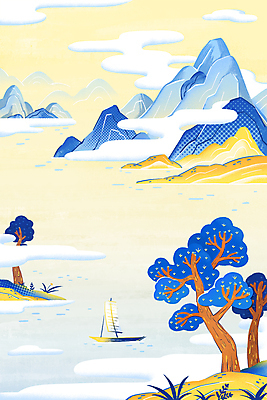 PSD 구름 호수 일러스트 산 한국 풍경 사람없음 파란색 노란색 바위 소나무 나룻배 동양화 산수화 전통그림 국내일러스트 자연요소 나무 아시아 컬러 배_교통 미술 돌_바위 그림 파일형식