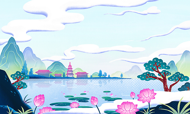 PSD 구름 호수 하늘색 불교 일러스트 산 한국 연꽃 풍경 사람없음 부처님오신날 바위 소나무 사찰 석탑 동양화 연잎 산수화 전통그림 국내일러스트 자연요소 나무 기념일 꽃 아시아 종교 잎 종교건축 미술 파란색 탑 돌_바위 그림 파일형식