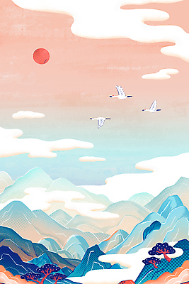 PSD 구름 분홍색 하늘색 일러스트 새해 산 한국 세마리 풍경 사람없음 태양 학 비행 소나무 동양화 산수화 전통그림 산맥 국내일러스트 자연요소 나무 아시아 컬러 조류 3 미술 파란색 그림 파일형식