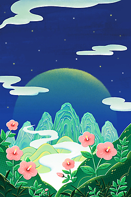 PSD 구름 별 일러스트 밤하늘 산 한국 풍경 사람없음 초록색 달 남색 동양화 무궁화 산수화 전통그림 국내일러스트 자연요소 꽃 아시아 컬러 하늘 미술 야간 그림 파일형식