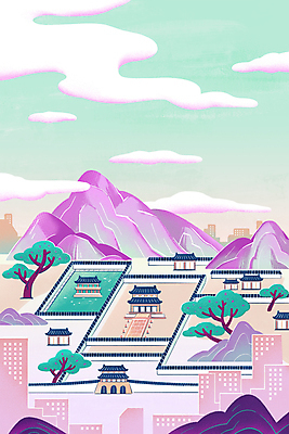 PSD 구름 일러스트 산 한국 빌딩 사람없음 도시풍경 보라색 도시 소나무 동양화 경복궁 산수화 경회루 광화문 근정전 민트색 전통그림 기와담장 국내일러스트 자연요소 나무 아시아 컬러 기와 미술 풍경 건물 담장 궁전 그림 랜드마크 파일형식