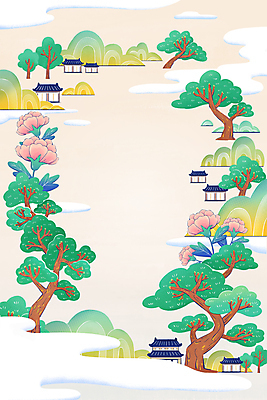 PSD 구름 일러스트 산 한옥 프레임 사람없음 소나무 동양화 한옥마을 산수화 모란 살구색 전통그림 프레임일러스트 국내일러스트 자연요소 나무 한국전통 꽃 컬러 고건축 미술 마을 그림 파일형식