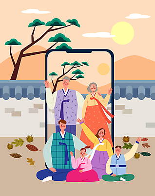 전신 여자 명절 할아버지 노년 남자 딸 아들 할머니 어린이 낙엽 일러스트 엄마 모바일 서기 들기 앉기 소녀 소년 여러명 상반신 성인 스마트폰 추석 가을 인사 소나무 아빠 밤송이 한복 손인사 온라인 명절인사 살구색 영상통화 화상통화 기와담장 언택트 온택트 국내일러스트 AI파일 나무 한국전통 전통 계절 기념일 컬러 다수 잎 가족 모션 기와 사람 핸드폰 스마트기기 담장 예절 밤_견과류 전통의상 통화 파일형식 벡터