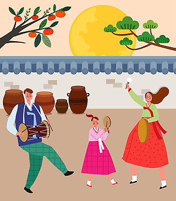 전신 여자 명절 남자 딸 어린이 일러스트 엄마 감 서기 들기 소녀 성인 세명 추석 보름달 소나무 항아리 아빠 한복 풍물놀이 감나무 장구 소고 징 명절인사 베이지색 기와담장 국내일러스트 AI파일 나무 한국전통 전통 기념일 컬러 과일 가족 모션 타악기 기와 국악기 국악 사람 담장 달 인사 도자기 전통의상 파일형식 벡터