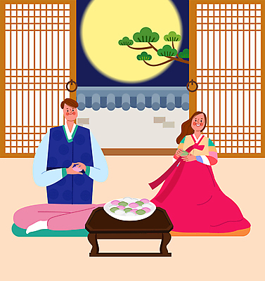 전신 접시 커플 여자 남자 일러스트 방석 들기 앉기 성인 두명 추석 보름달 소나무 한복 송편 창호문 송편빚기 명절인사 베이지색 탁상 성인만 기와담장 국내일러스트 AI파일 나무 한국전통 식기 명절 컬러 가구 관계 모션 떡 기와 사람 담장 문 달 인사 전통의상 요리중 파일형식 벡터