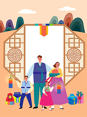 전신 여자 명절 남자 딸 아들 어린이 일러스트 엄마 서기 들기 소녀 소년 여러명 성인 추석 주황색 보자기 아빠 한복 청사초롱 창호문 명절인사 명절선물 국내일러스트 AI파일 한국전통 전통 기념일 컬러 다수 가족 모션 선물 사람 문 인사 전통의상 초롱 파일형식 벡터 천_직물