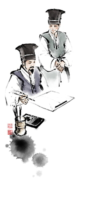 PSD 모자 남자 종이 일러스트 캘리그라피 붓터치 실험 들기 상반신 성인 두명 붓 한복 조선시대 동양화 번짐 스승 제자 낙관 손모으기 벼루 붓통 학자 성인남자만 국내일러스트 직업 한국전통 잡화 모션 미술 사람 손짓 역사 전통의상 남자만 성인만 파일형식 효과