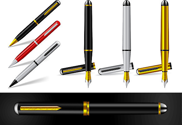 EPS 해외이미지 교육 일러스트 비즈니스 교실 빨간색 펜 금속 검은색 장비 기구 황금 끝 고급 은색 플라스틱 오브젝트 분수 해외일러스트 컬러 컨셉 학교 재질 필기구 파일형식 벡터 이미지허브