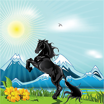 EPS 해외이미지 동물 꽃 밭 일러스트 포유류 조류 하늘 불 산 풍경 여름 태양 농장 자유 뜨거움 정상 허브 갈기 망아지 연소 해외일러스트 자연요소 식물 계절 새끼 컨셉 농업 말 파일형식 벡터 이미지허브