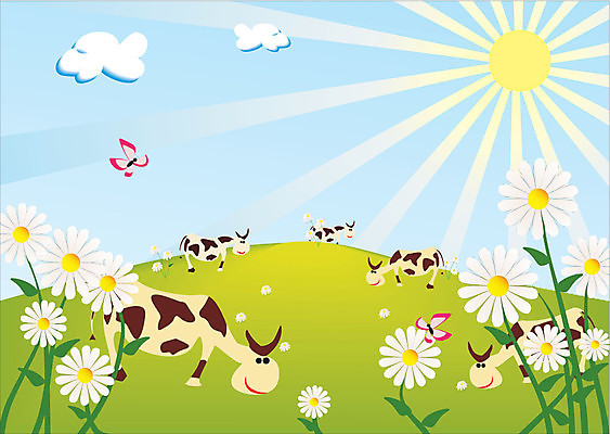 EPS 해외이미지 식물 계절 꽃 나비 꽃무늬 밭 일러스트 자연 하늘 잔디 야외 초록색 파란색 햇빛 태양 농장 노란색 정원 맑음 봄 우유 벚꽃 흰색 시골 신선 소 클로버 먹이 허브 데이지 내추럴 캐모마일 평야 많음 수평선 해외일러스트 자연요소 컬러 곤충 컨셉 무늬 농업 포유류 날씨 유제품 생태계 파일형식 벡터 이미지허브