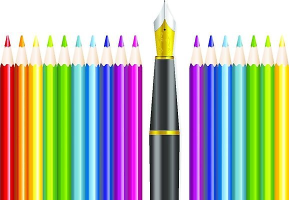 EPS 해외이미지 컨셉 일러스트 비즈니스 문구용품 아이디어 미술 컬러풀 연필 펜 금속 장비 기구 황금 끝 오브젝트 분수 특별함 해외일러스트 컬러 재질 문화예술 학용품 필기구 파일형식 벡터 이미지허브