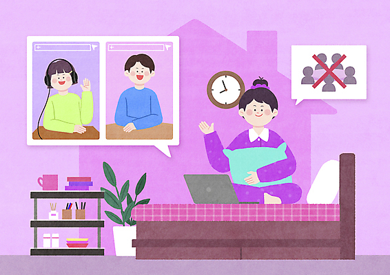 전신 PSD 여자 남자 화분 시계 분홍색 말풍선 쿠션 일러스트 베개 선반 들기 앉기 상반신 성인 세명 노트북 헤드셋 방 침대 화상통화 성인만 집모양 코로나바이러스 사회적거리두기 포스트코로나 집합제한 언택트 온택트 델타변이바이러스 위드코로나 국내일러스트 모양 캠페인 컬러 음향기기 가구 침구 모션 사람 전자제품 헤드폰 금지 바이러스 사회이슈 통화 파일형식