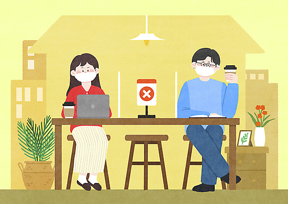 전신 PSD 여자 남자 화분 커피 의자 일러스트 탁자 조명 마스크 들기 앉기 성인 두명 노트북 노란색 카페 X 테이크아웃컵 성인만 코로나바이러스 사회적거리두기 포스트코로나 델타변이바이러스 위드코로나 국내일러스트 알파벳 음료 캠페인 컬러 가구 모션 사람 컵 전자제품 상점 바이러스 사회이슈 파일형식