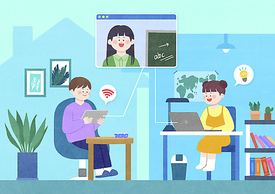 전신 PSD 여자 남자 화분 어린이 말풍선 의자 일러스트 전구 집안 미소 들기 앉기 소녀 소년 상반신 성인 세명 노트북 태블릿 교사 스탠드 책상 와이파이 온라인강의 집모양 코로나바이러스 포스트코로나 언택트 온택트 델타변이바이러스 위드코로나 국내일러스트 모양 직업 가구 모션 조명 실내 표정 사람 전자제품 스마트기기 바이러스 강의 사회이슈 무선인터넷 파일형식