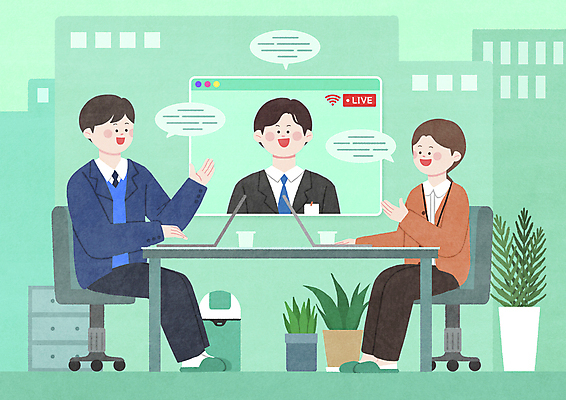 전신 PSD 여자 남자 화분 말풍선 의자 일러스트 앉기 상반신 성인 세명 노트북 사무실 비즈니스맨 비즈니스우먼 책상 라이브 민트색 화상통화 성인만 코로나바이러스 스트리밍 비대면면접 포스트코로나 언택트 온택트 델타변이바이러스 위드코로나 국내일러스트 컬러 가구 비즈니스 모션 사람 전자제품 직장인 바이러스 사회이슈 면접 방송 통화 파일형식