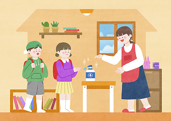 전신 PSD 여자 남자 화분 어린이 일러스트 창문 선반 서기 들기 소녀 소년 성인 세명 주황색 앞치마 유치원 가리킴 등교 유치원선생님 코로나바이러스 손소독제 포스트코로나 델타변이바이러스 위드코로나 국내일러스트 교육 컬러 가구 모션 사람 손짓 교사 바이러스 사회이슈 등하교 소독제 파일형식