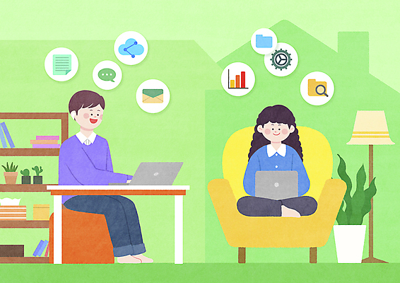 전신 PSD 여자 남자 화분 말풍선 의자 일러스트 집안 선반 앉기 성인 두명 초록색 노트북 업무 비즈니스맨 비즈니스우먼 재택근무 전송 성인만 집모양 코로나바이러스 포스트코로나 언택트 온택트 델타변이바이러스 위드코로나 국내일러스트 모양 컬러 가구 비즈니스 모션 실내 사람 전자제품 작업 직장인 바이러스 사회이슈 파일형식