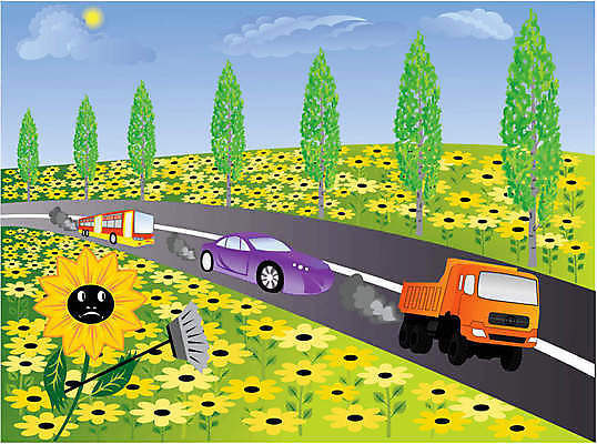 EPS 해외이미지 일러스트 자동차 해바라기 트럭 고속도로 오염 가스 내추럴 배기가스 필터 해외일러스트 꽃 도로 육상교통 파일형식 벡터 이미지허브