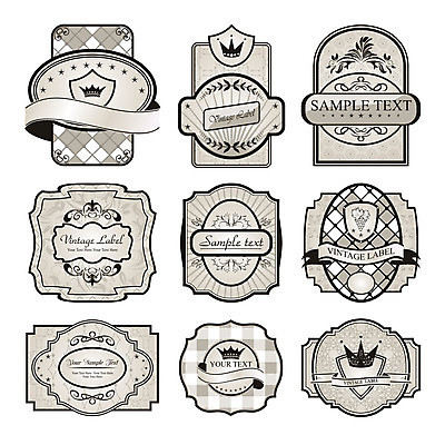 EPS 해외이미지 리본 스티커 일러스트 왕관 사람없음 세트 라벨 빈티지 심볼 복고 체크무늬 고딕 고딕양식 아이보리 해외일러스트 컬러 컨셉 무늬 프레임 파일형식 벡터 이미지허브