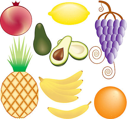 EPS 해외이미지 음식 잎 오렌지 과일 일러스트 포도 귤 바나나 건강 빨간색 초록색 세트 노란색 신선 달콤 레몬 심볼 파인애플 석류 아보카도 숙성 채식주의자 해외일러스트 식물 컬러 맛 열대과일 채식 파일형식 벡터 이미지허브