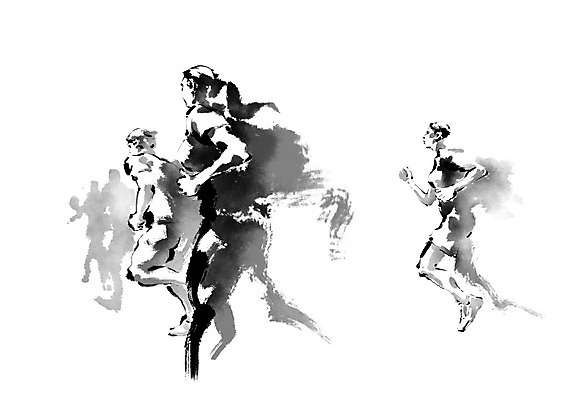 PSD 여자 남자 일러스트 캘리그라피 붓터치 흑백 사람 여러명 달리기 검은색 육상스포츠 번짐 열정 마라톤 동행 국내일러스트 감정 스포츠 컬러 다수 모션 촬영기법 경기 파일형식 효과