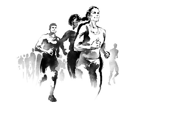 PSD 여자 남자 일러스트 캘리그라피 붓터치 흑백 사람 여러명 달리기 검은색 육상스포츠 번짐 열정 마라톤 동행 국내일러스트 감정 스포츠 컬러 다수 모션 촬영기법 경기 파일형식 효과