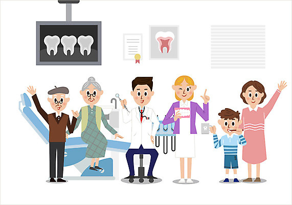여자 할아버지 남자 할머니 어린이 일러스트 의학 엄마 치과 병원 사람 여러명 성인 컬러풀 귀여움 환자 간호사 의사 양치 치아 치아모형 국내일러스트 AI파일 노년 컬러 다수 컨셉 가족 청결 의료진 소화기관 파일형식 벡터