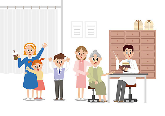 학생 여자 남자 할머니 어린이 일러스트 의학 병원 사람 여러명 성인 컬러풀 귀여움 진료 환자 간호사 의사 커튼 한약 서랍장 한의원 국내일러스트 AI파일 노년 컬러 가구 다수 컨셉 약 의료진 파일형식 벡터