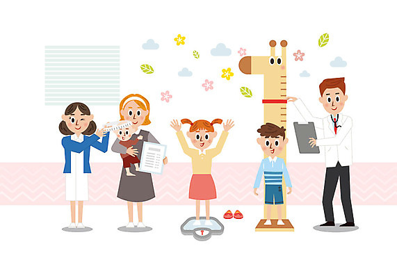 여자 남자 어린이 일러스트 의학 가족 엄마 병원 사람 여러명 성인 컬러풀 귀여움 간호사 의사 아기 체중계 소아과 키재기 건강검진 국내일러스트 AI파일 컬러 다수 컨셉 관계 의료진 측정 검사_조사 키_신체 파일형식 벡터