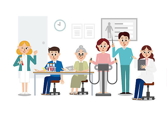 여자 남자 할머니 시계 의자 일러스트 의학 병원 사람 여러명 성인 컬러풀 문 귀여움 환자 간호사 의사 혈액 책상 건강검진 혈압 국내일러스트 AI파일 노년 컬러 가구 다수 컨셉 의료진 검사_조사 파일형식 벡터