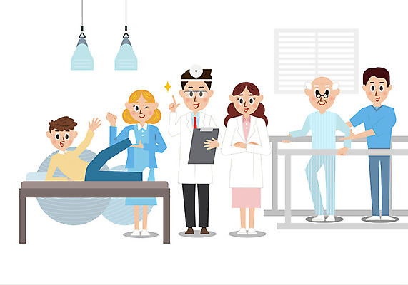 여자 할아버지 남자 일러스트 의학 병원 사람 여러명 성인 컬러풀 운동 귀여움 환자 간호사 의사 물리치료 재활 국내일러스트 AI파일 노년 컬러 다수 컨셉 건강 치료 의료진 파일형식 벡터