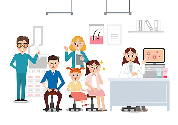 여자 남자 의자 일러스트 의학 전등 병원 사람 여러명 성인 치료 컬러풀 귀여움 모니터 진료 환자 간호사 의사 광선 피부 책상 서류판 피부과 국내일러스트 AI파일 컬러 가구 다수 컨셉 조명 신체부위 컴퓨터 사무용품 의료진 파일형식 벡터