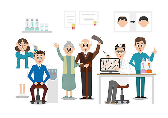 여자 할아버지 남자 할머니 의자 일러스트 의학 병원 주사기 사람 여러명 성인 컬러풀 약 귀여움 모니터 진료 환자 간호사 의사 책상 아저씨 탈모 탈모클리닉 국내일러스트 AI파일 노년 컬러 가구 다수 컨셉 의료기기 컴퓨터 의료진 클리닉 증상 파일형식 벡터