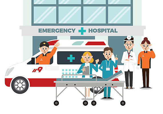 여자 남자 일러스트 의학 병원 사람 여러명 성인 건물 컬러풀 귀여움 환자 간호사 의사 응급 구급차 간이침대 구조대 응급실 국내일러스트 AI파일 건축물 컬러 다수 컨셉 자동차 의료진 침대 긴급 구출 파일형식 벡터
