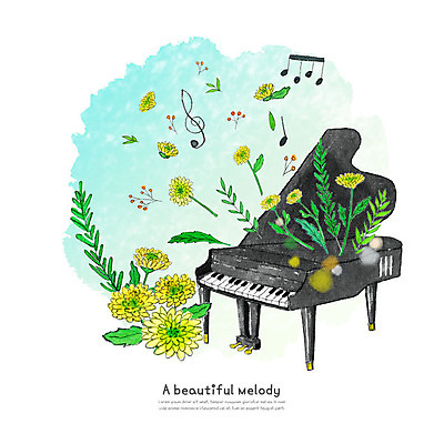 PSD 식물 꽃잎 꽃 악기 음표 일러스트 붓터치 수채화 사람없음 피아노 즐거움 번짐 들국화 국내일러스트 기호 감정 음악 건반악기 파일형식 효과