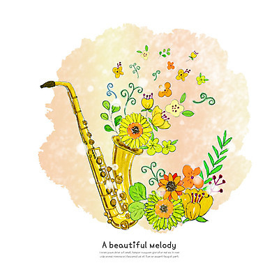 PSD 식물 꽃잎 꽃 악기 일러스트 붓터치 수채화 사람없음 색소폰 즐거움 번짐 국내일러스트 감정 음악 목관악기 파일형식 효과