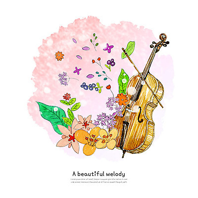 PSD 식물 꽃잎 꽃 악기 일러스트 붓터치 수채화 사람없음 즐거움 번짐 첼로 국내일러스트 감정 음악 파일형식 찰현악기 효과