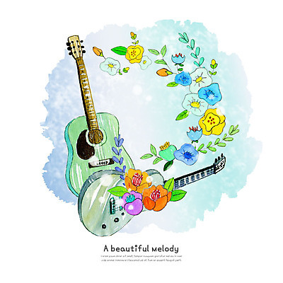 PSD 식물 꽃잎 꽃 악기 일러스트 붓터치 수채화 사람없음 기타 즐거움 번짐 국내일러스트 감정 음악 현악기 파일형식 효과
