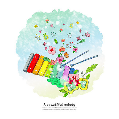 PSD 식물 꽃잎 꽃 악기 일러스트 붓터치 수채화 사람없음 즐거움 번짐 실로폰 국내일러스트 감정 음악 타악기 파일형식 효과