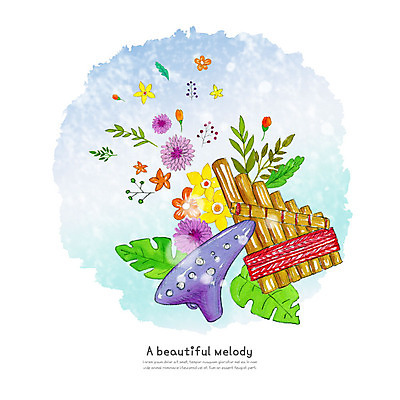 PSD 식물 꽃잎 꽃 악기 일러스트 붓터치 수채화 사람없음 즐거움 번짐 오카리나 국내일러스트 감정 음악 파일형식 효과