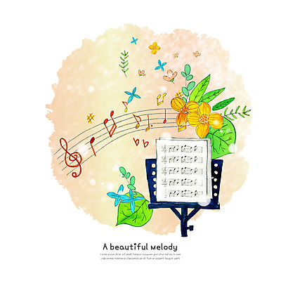 PSD 식물 꽃잎 꽃 악기 음표 일러스트 붓터치 수채화 사람없음 보면대 악보 즐거움 번짐 오선 국내일러스트 기호 감정 음악 파일형식 효과