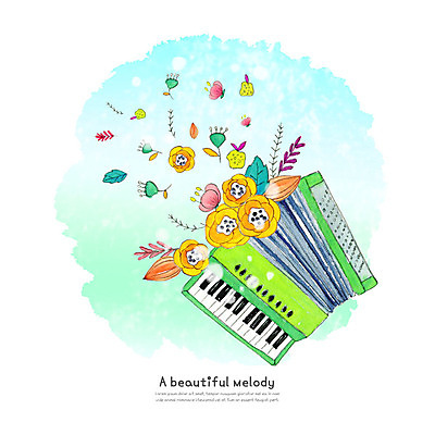 PSD 식물 꽃잎 꽃 악기 일러스트 붓터치 수채화 사람없음 즐거움 번짐 아코디언 국내일러스트 감정 음악 건반악기 파일형식 효과