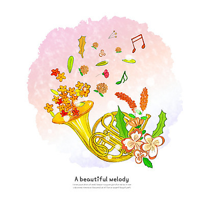 PSD 식물 꽃잎 꽃 악기 일러스트 붓터치 수채화 사람없음 즐거움 번짐 호른 국내일러스트 감정 음악 금관악기 파일형식 효과