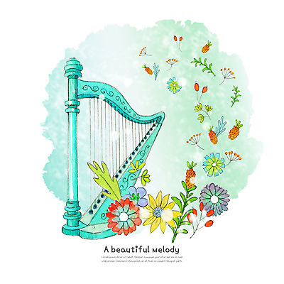 PSD 식물 꽃잎 꽃 악기 일러스트 붓터치 수채화 사람없음 즐거움 번짐 하프 국내일러스트 감정 음악 현악기 파일형식 효과