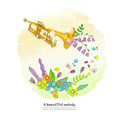 PSD 식물 꽃잎 꽃 악기 일러스트 붓터치 수채화 사람없음 즐거움 번짐 트럼펫 방울꽃 국내일러스트 감정 음악 금관악기 파일형식 효과