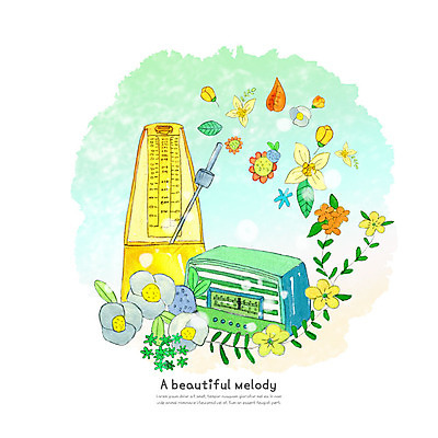 PSD 식물 꽃잎 꽃 악기 일러스트 붓터치 수채화 사람없음 즐거움 라디오 번짐 메트로놈 국내일러스트 감정 음악 전자제품 파일형식 효과