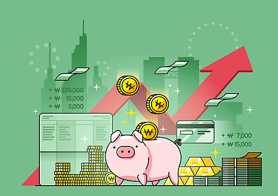 화살표 지폐 돈 일러스트 그래프 빌딩 사람없음 초록색 금융 경제 귀여움 동전 저축 돼지저금통 돼지 신용카드 통장 금화 금괴 체크카드 금융의날 국내일러스트 AI파일 컬러 컨셉 포유류 건물 저금통 재산 황금 파일형식 벡터 법정기념일