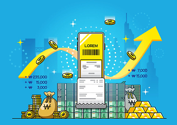 화살표 지폐 돈 일러스트 그래프 빌딩 사람없음 금융 경제 파란색 귀여움 바코드 금화 영수증 포인트 금괴 스마트뱅킹 스마트페이 금융의날 국내일러스트 AI파일 컬러 컨셉 건물 재산 황금 스마트 결제 뱅킹 파일형식 벡터 법정기념일