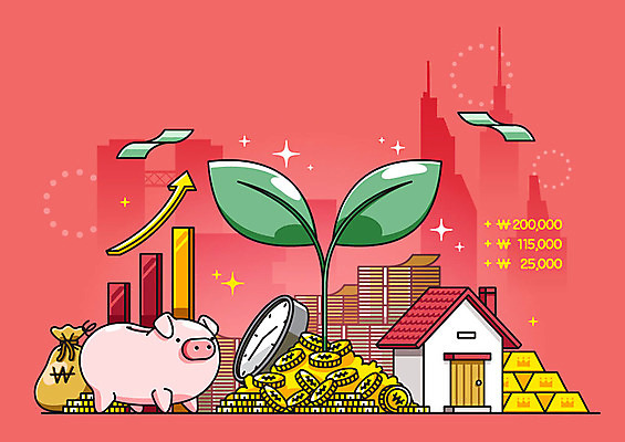 화살표 시계 지폐 돈 일러스트 그래프 주택 빌딩 사람없음 빨간색 금융 경제 새싹 귀여움 동전 저축 돼지저금통 돼지 금화 금괴 금융의날 국내일러스트 AI파일 식물 컬러 컨셉 포유류 건물 저금통 재산 황금 파일형식 벡터 법정기념일